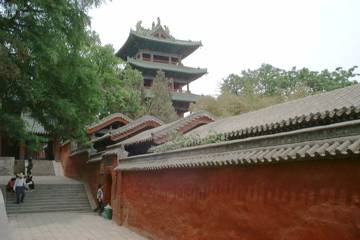 緑濃い斜面に堂宇が点在する少林寺