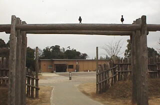 鳥が止まる門(鳥居?)の向こうに見えるのは、吉野ヶ里遺跡展示室 鳥が止まる門(鳥居?)の向こうに見えるのは、吉野ヶ里遺跡展示室