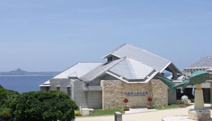 遠くに伊江島を望む美ら海水族館