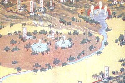 北投温泉の古地図
右下が滝の湯で右上地熱谷、中央左手が博物館 北投温泉の古地図
右下が滝の湯で右上地熱谷、中央左手が博物館