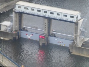 通行止めとなった高浜運河の防潮堤